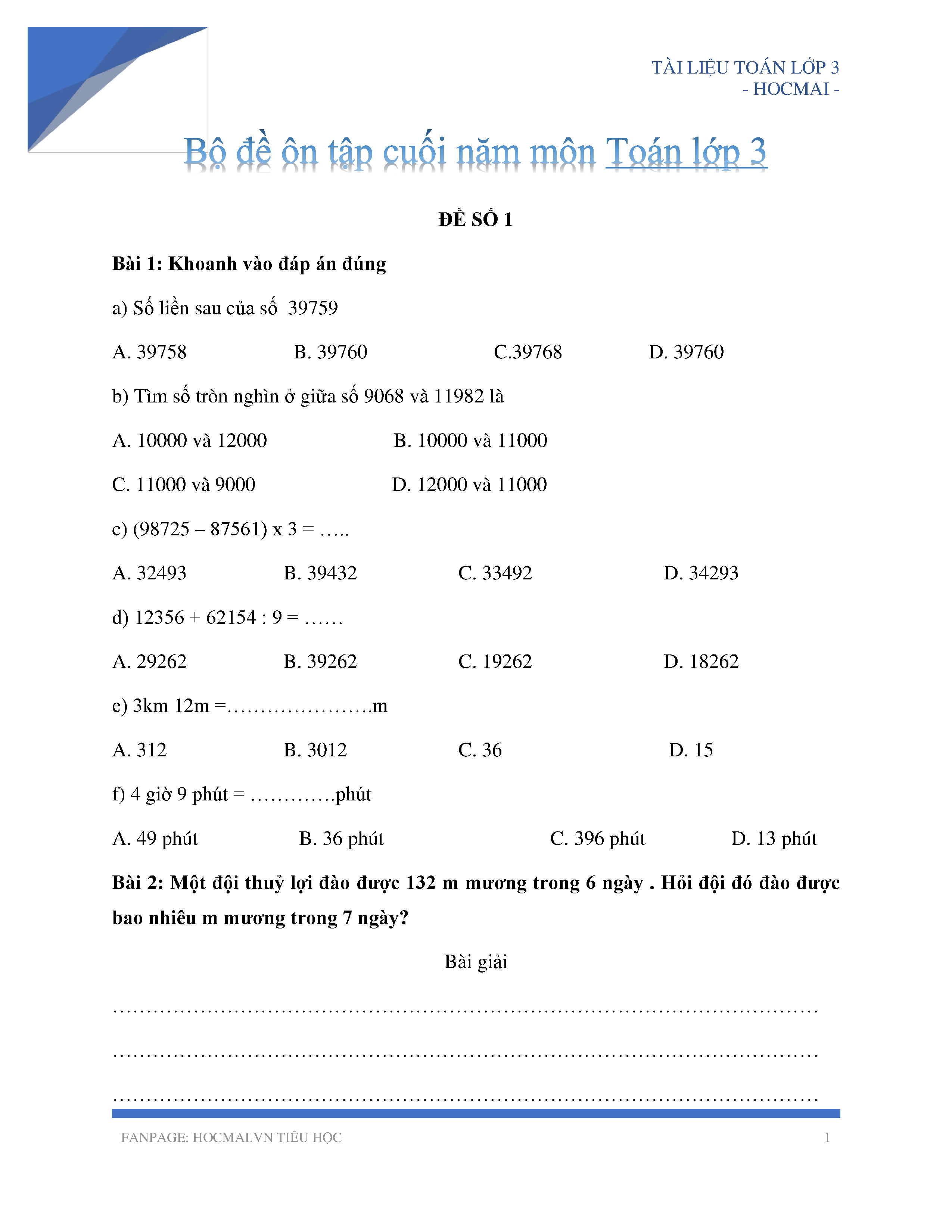 Bộ Đề Ôn Tập Toán Lớp 3 Chuẩn Kiến Thức