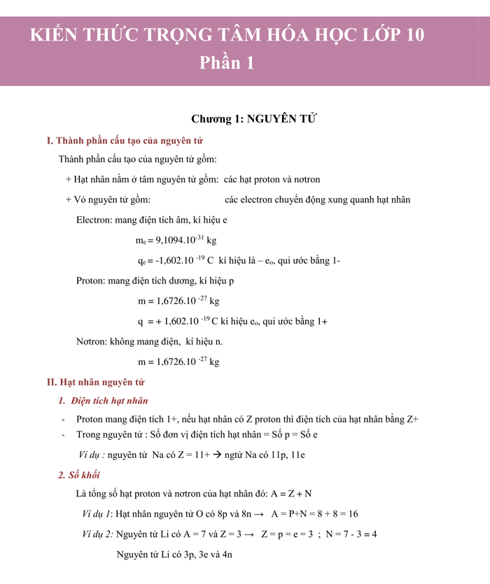Công thức hóa học lớp 10 chương trình mới