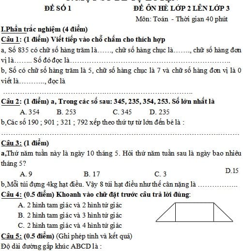 Tài liệu ôn tập hè Toán lớp 2 lên lớp 3 Gallery 1
