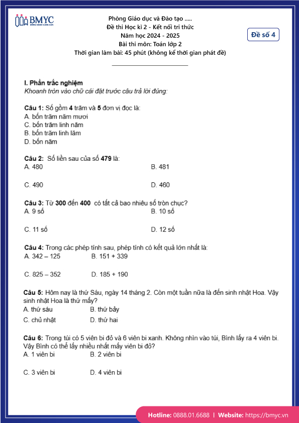Tải đề thi học kì 2 môn Toán lớp 2 Gallery 1