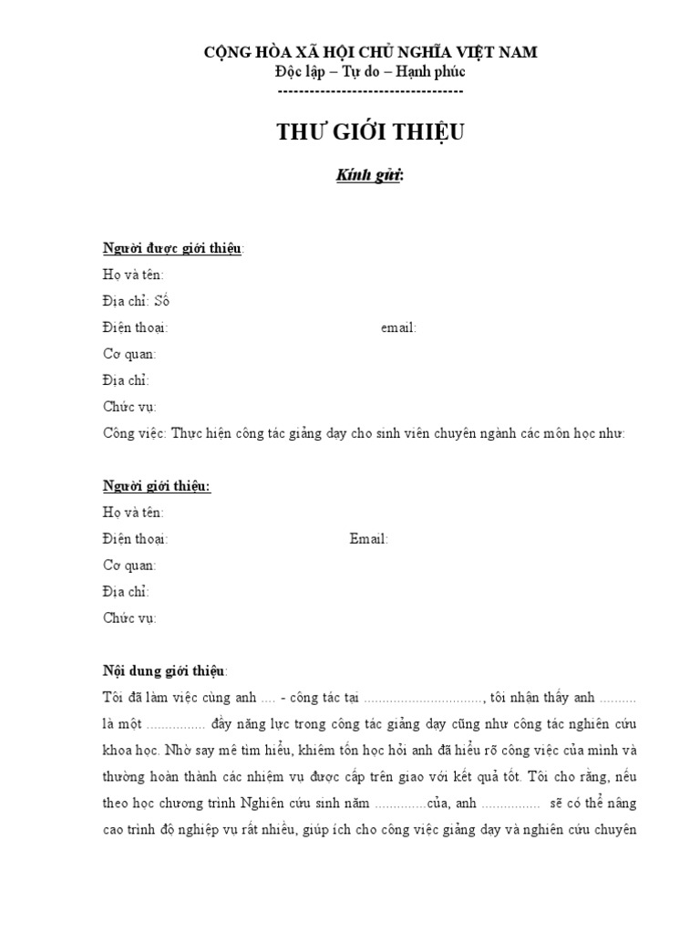 Mẫu Thư Giới Thiệu Của Thầy Cô Gallery 1