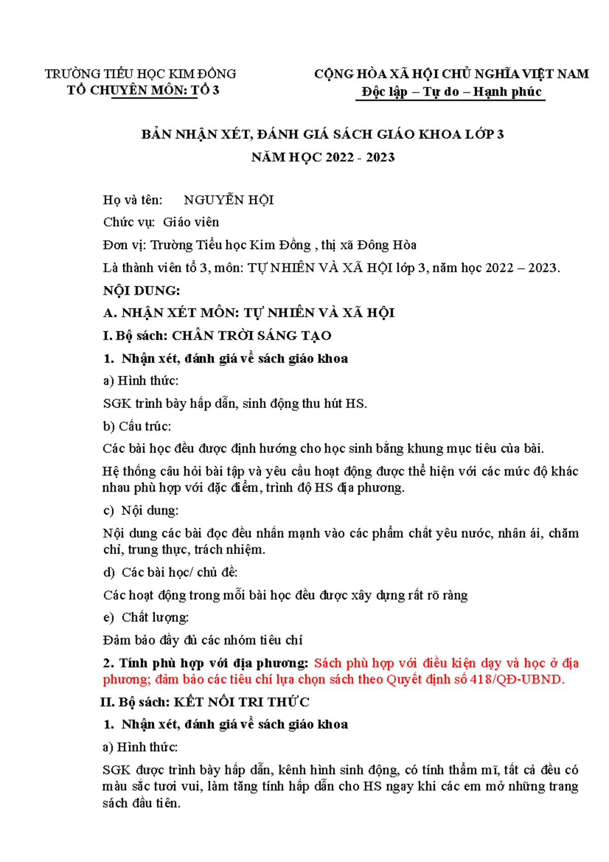 Nhận xét môn Tự nhiên và Xã hội lớp 3 Gallery 1