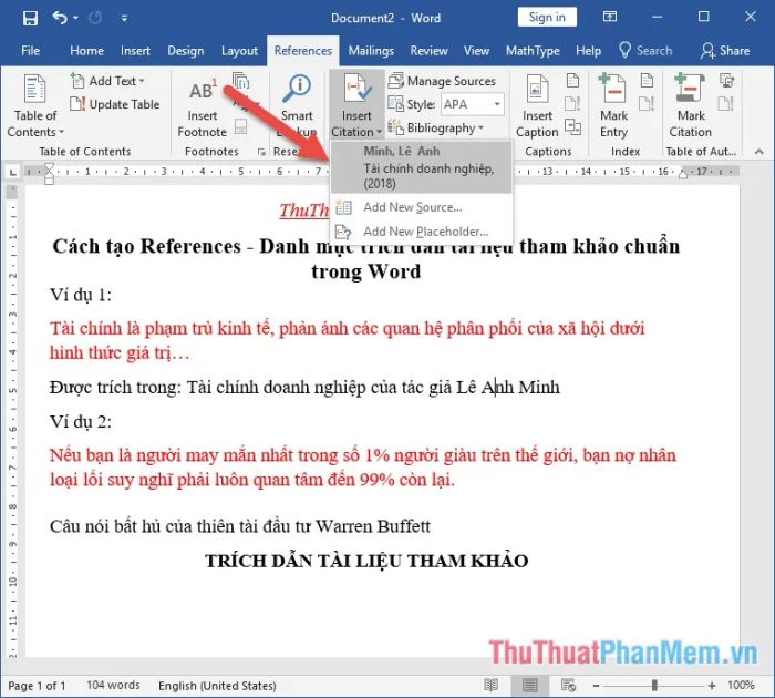 Cách tạo danh mục tài liệu tham khảo trong Word Gallery 2