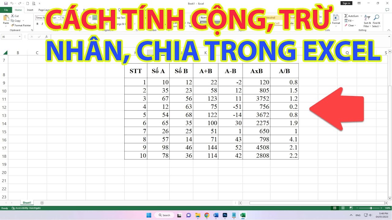 Cách tính cộng trừ nhân chia trong Excel