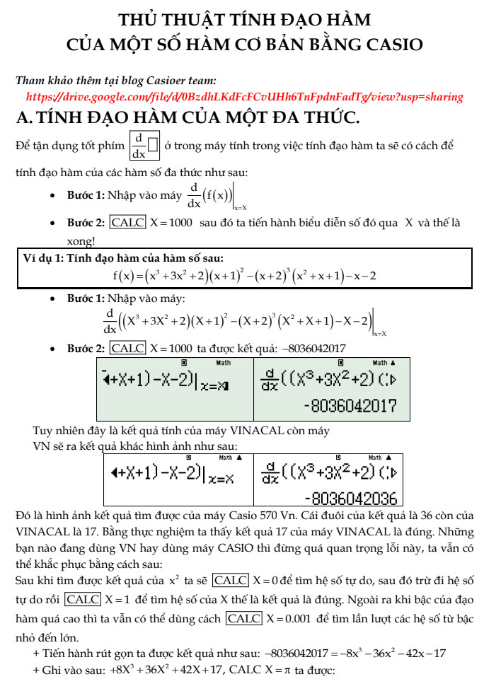Cách tính đạo hàm bằng máy tính