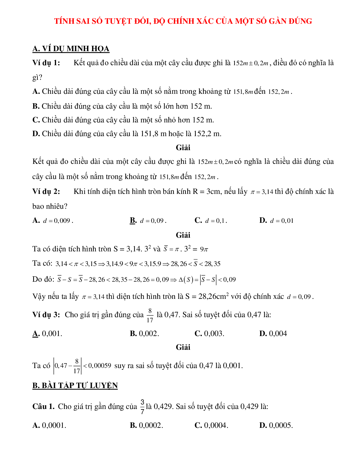Cách Tính Sai Số Tuyệt Đối Toán 10