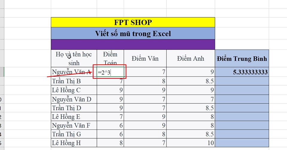 Cách tính số mũ trong Excel