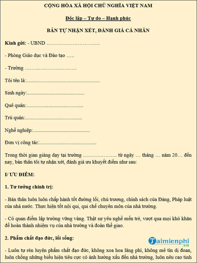 Mẫu Tự Nhận Xét Về Bản Thân Chuẩn SEO Gallery 2