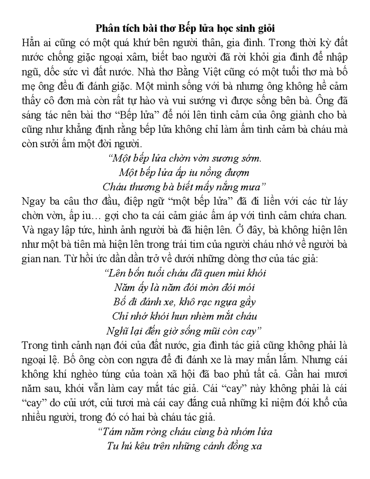 Cảm nhận bài thơ Bếp Lửa - Học sinh giỏi