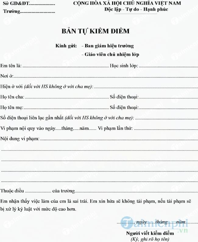 Mẫu Bản Tự Kiểm Điểm Cá Nhân Gallery 1