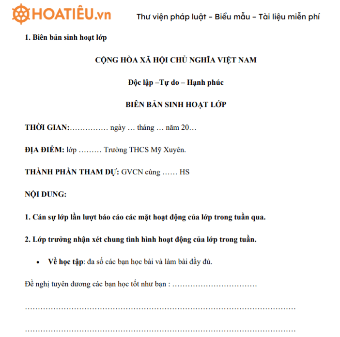 Cách Viết Biên Bản Sinh Hoạt Lớp THCS Chuẩn Gallery 1