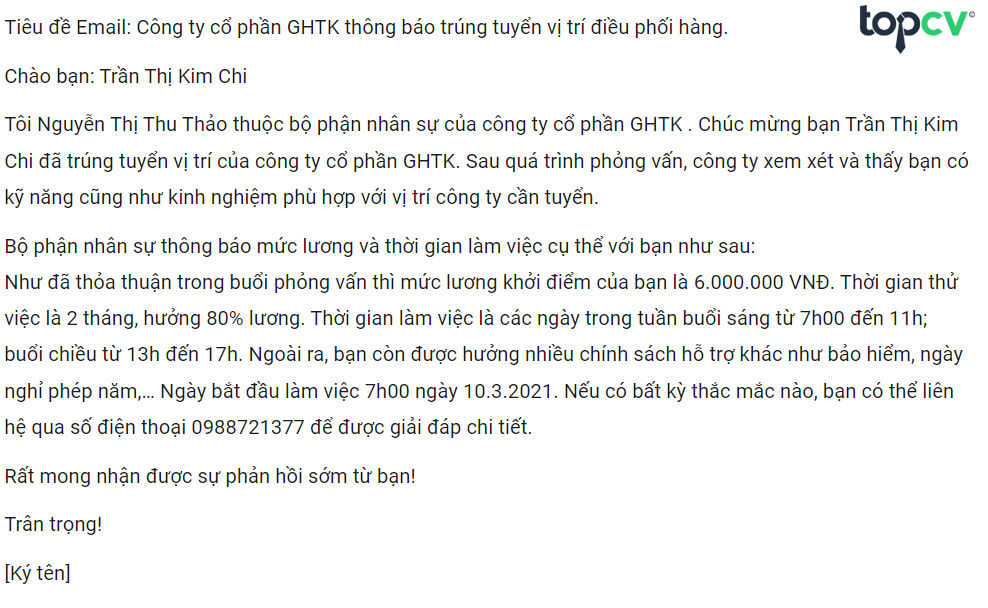 Mẫu Thư Trả Lời Kết Quả Phỏng Vấn Trúng Tuyển Chuyên Nghiệp Gallery 1