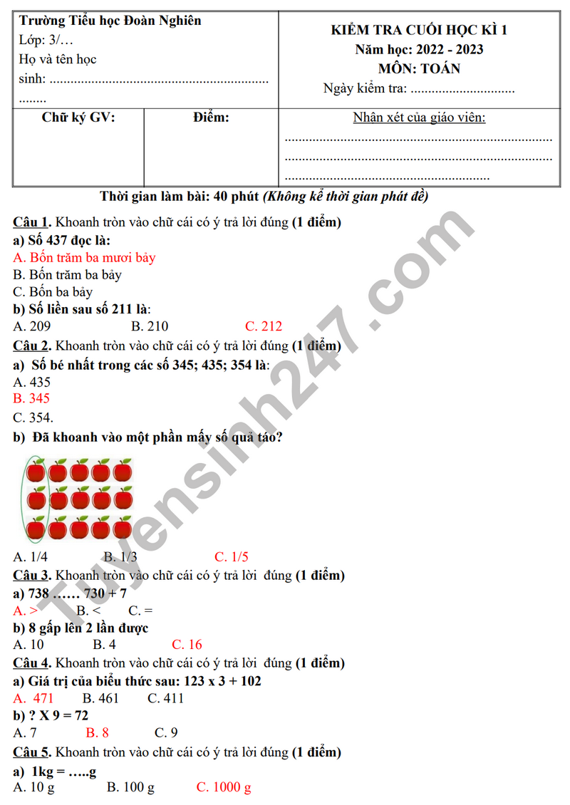 Đề Kiểm Tra Cuối Năm Lớp 3 Môn Toán Gallery 1