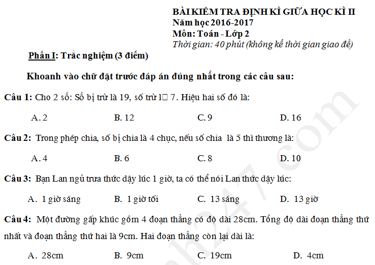 Đề Kiểm Tra Giữa Học Kì 2 Môn Toán Lớp 2 Gallery 1
