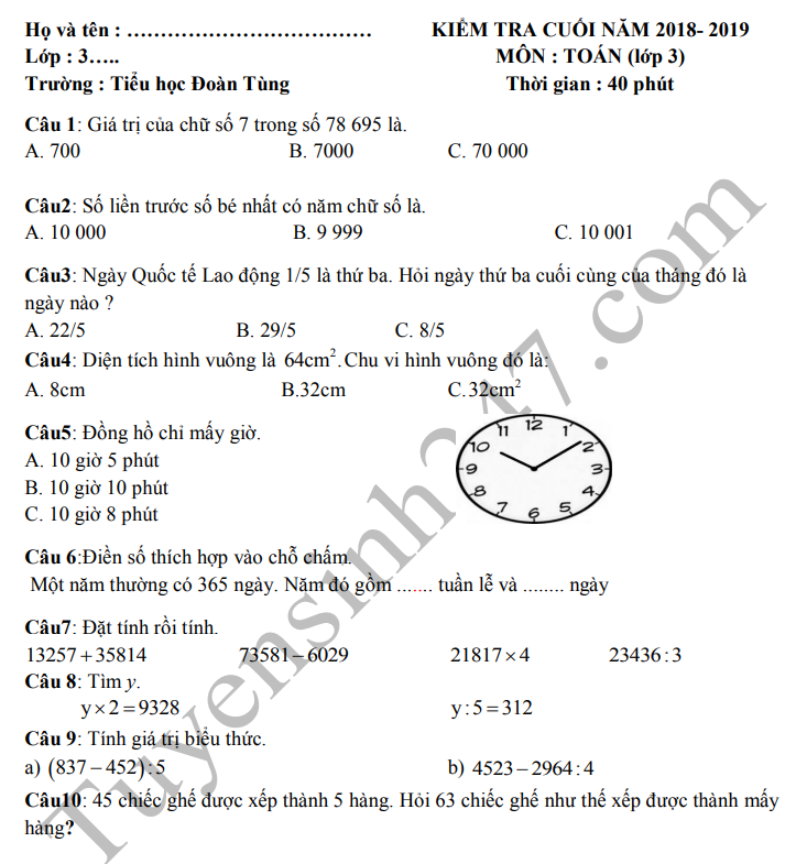 Đề Kiểm Tra Toán Lớp 3 Cuối Kì 2 Gallery 1