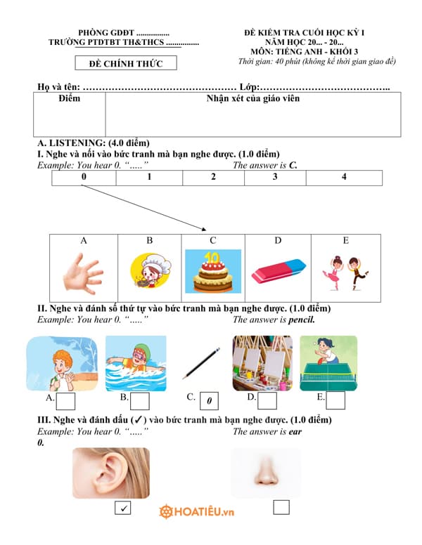 Đề Thi Anh Văn Lớp 3 Học Kì 1 Gallery 1