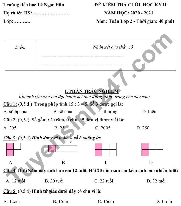 Đề Thi Cuối Kỳ 2 Toán Lớp 2: Tổng Hợp Kiến Thức & Bài Tập Gallery 1