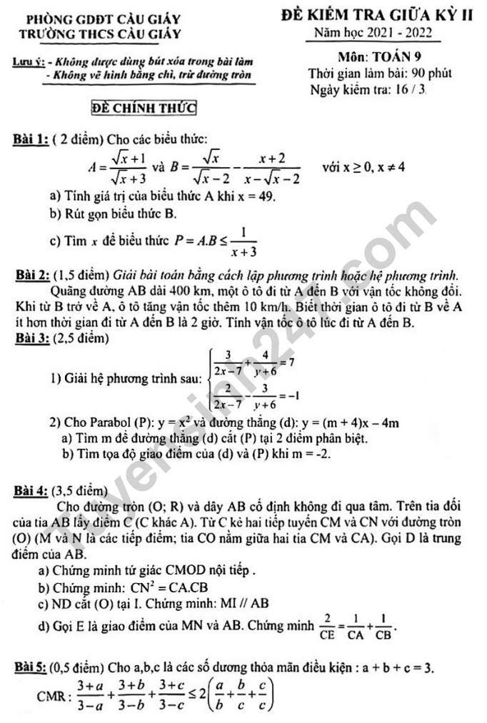 Đề Thi Giữa Kì 2 Môn Toán 9 Gallery 1