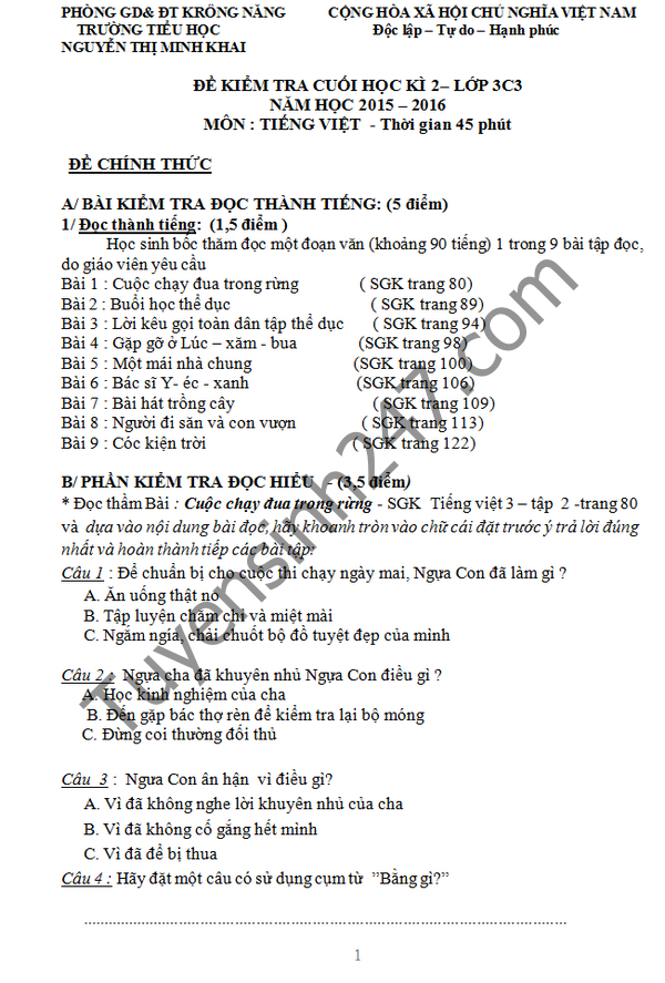 Đề Thi Học Kì 2 Lớp 3 Môn Tiếng Việt - Năm Học 2023-2024 Gallery 1