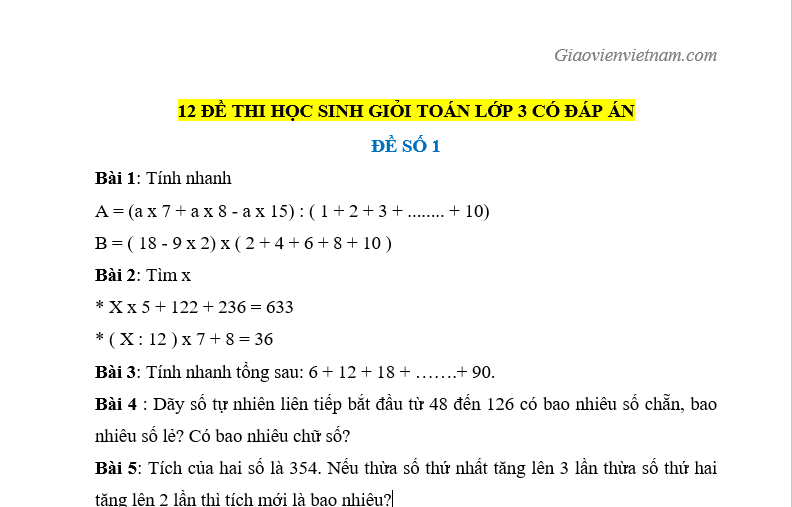 Đề Thi Học Sinh Giỏi Lớp 3 Môn Toán Gallery 1
