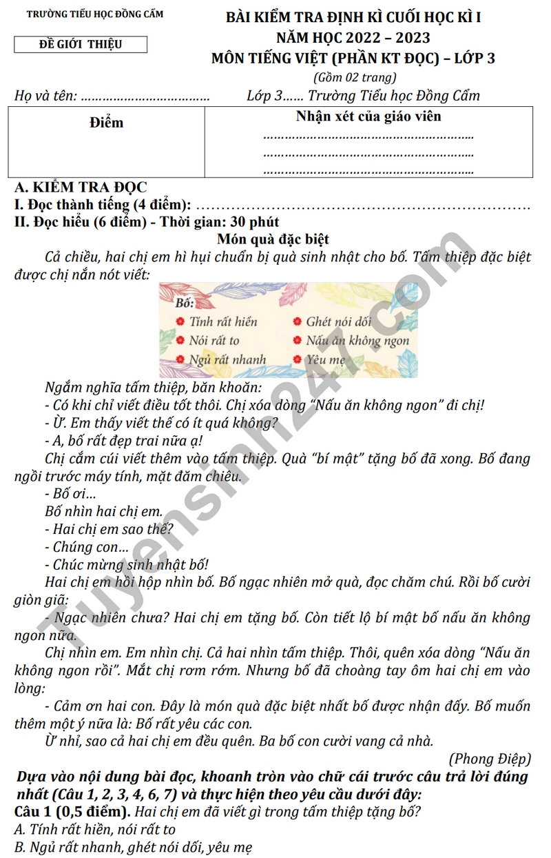 Đề thi Tiếng Việt lớp 3 học kì 1 sách Kết nối tri thức Gallery 1