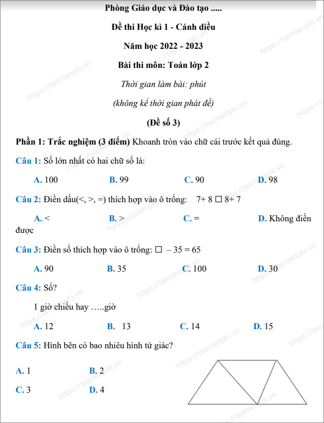 Đề thi Toán lớp 2 Gallery 1