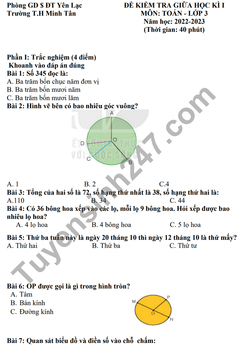 Đề thi Toán lớp 3 giữa kì 1 Gallery 1
