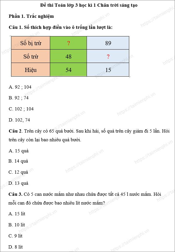 Đề Thi Toán Lớp 3 Học Kì 1 Chân Trời Sáng Tạo Gallery 1