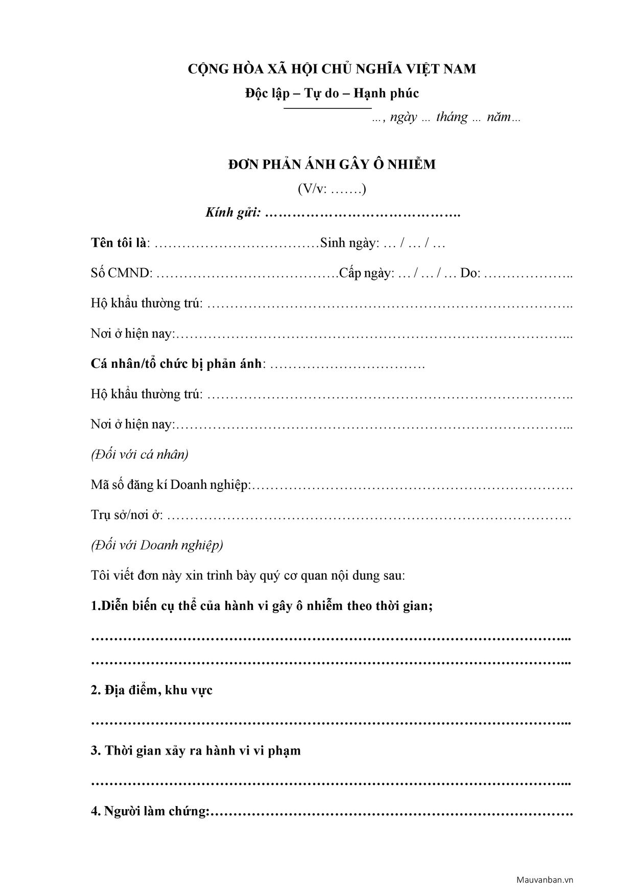 Mẫu đơn phản ánh ô nhiễm môi trường Gallery 1