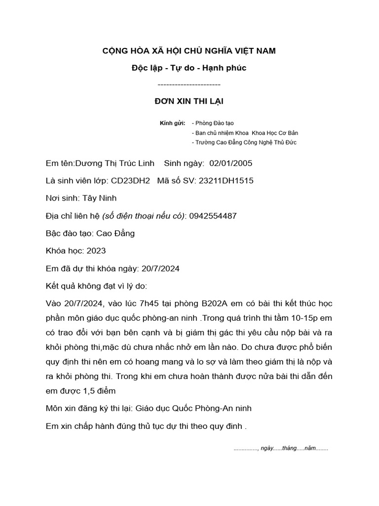 Viết đơn xin thi lại THCS Gallery 1