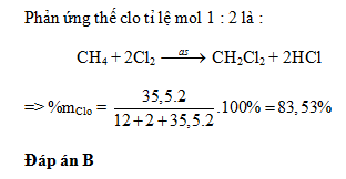 Phản ứng CH4 + Cl2 ánh sáng tỉ lệ 1:2