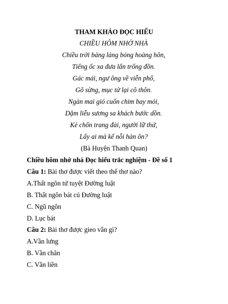 Chiều Hôm Nhớ Nhà Đọc Hiểu