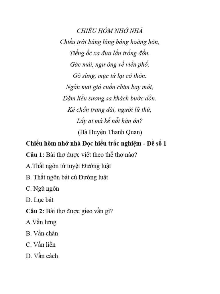 Chiều Hôm Nhớ Nhà Là Thể Thơ Gì?