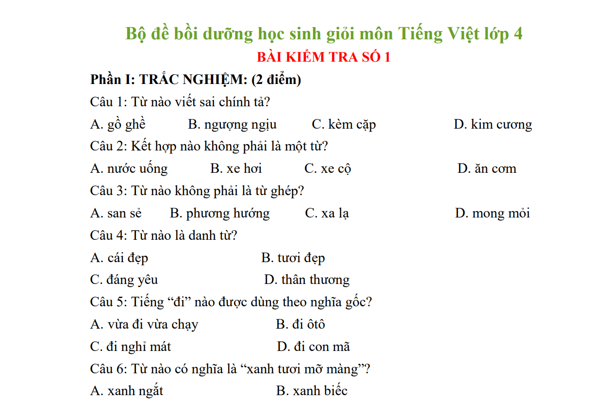 Bồi dưỡng học sinh giỏi Tiếng Việt lớp 4 có đáp án