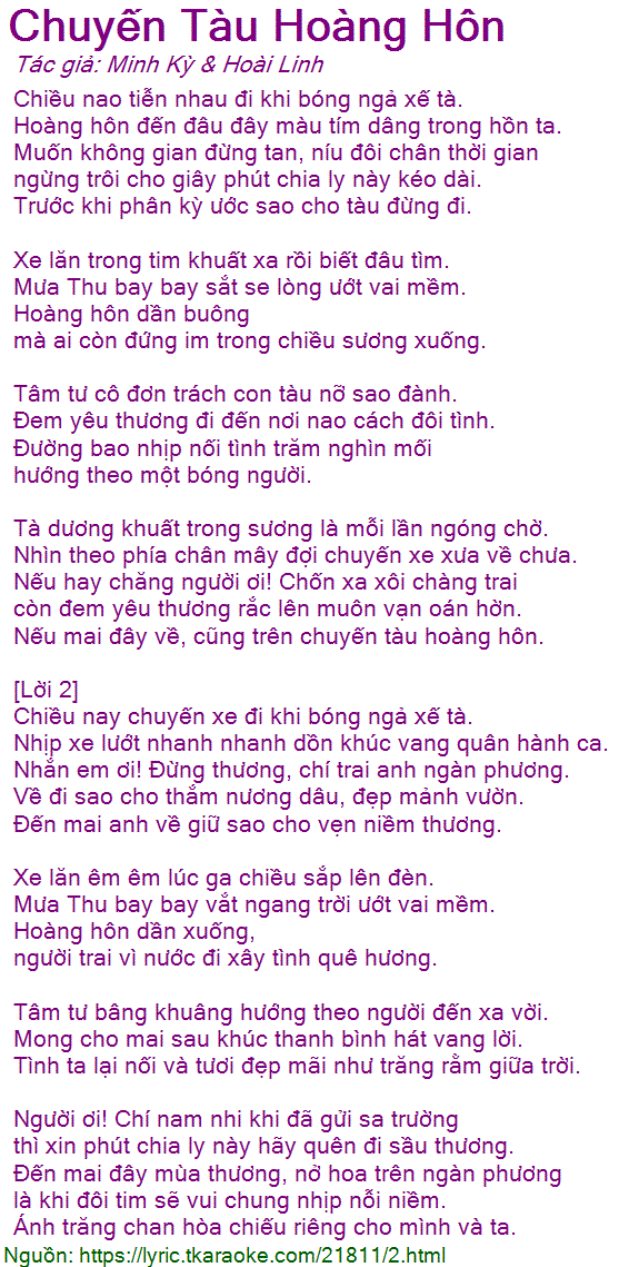 Chuyến Tàu Hoàng Hôn Lời Bài Hát