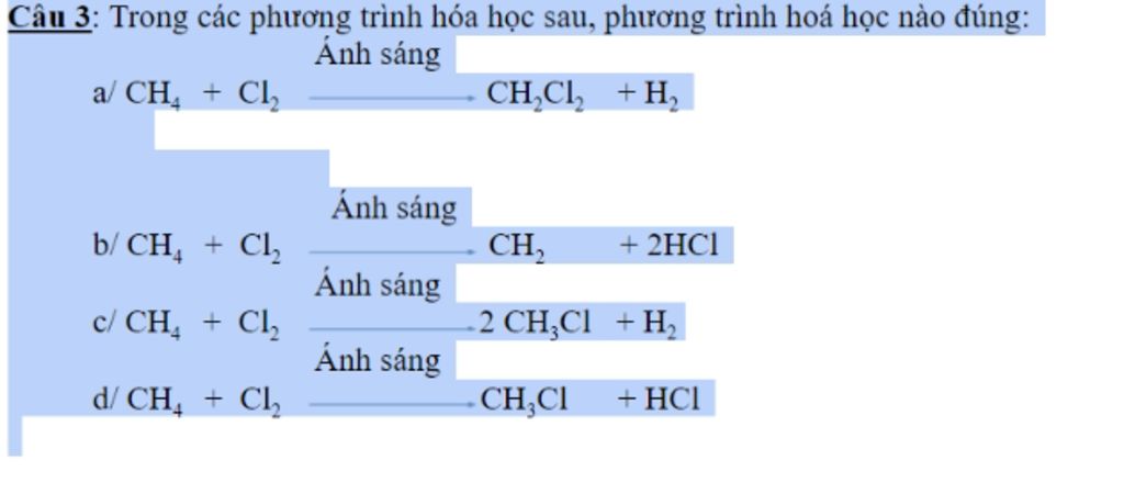 Phản ứng CH4 + Cl2 ánh sáng tỉ lệ 1:2 Gallery 1