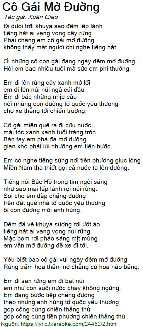 Cô Gái Mở Đường Lời Bài Hát