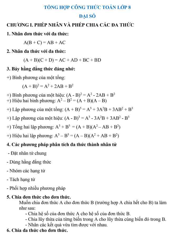 Công thức Toán lớp 8