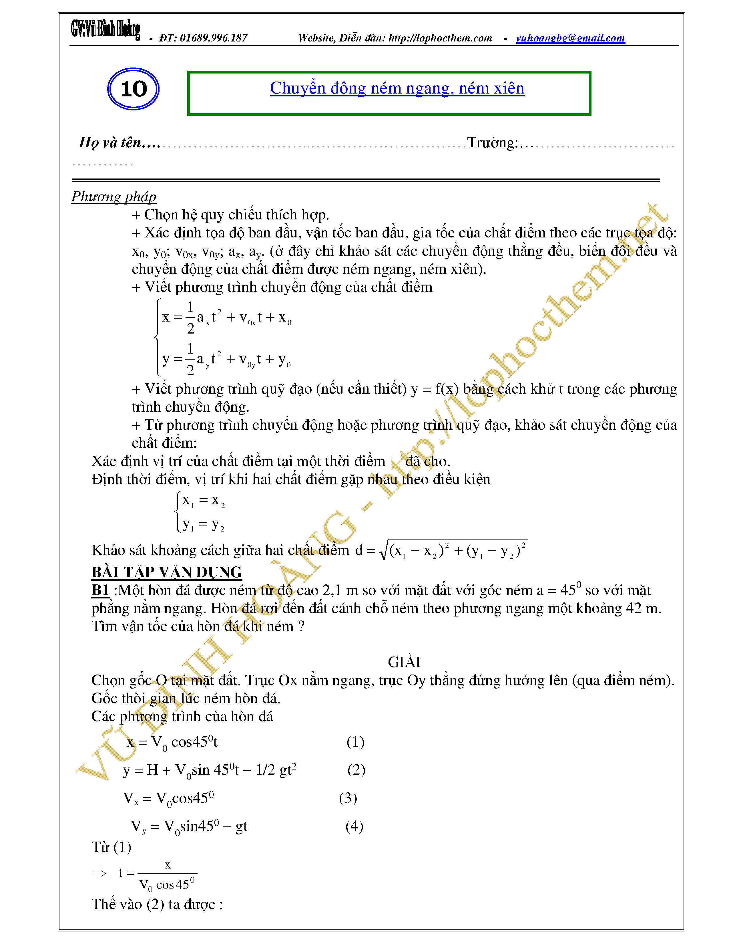Công thức ném ngang và ném xiên