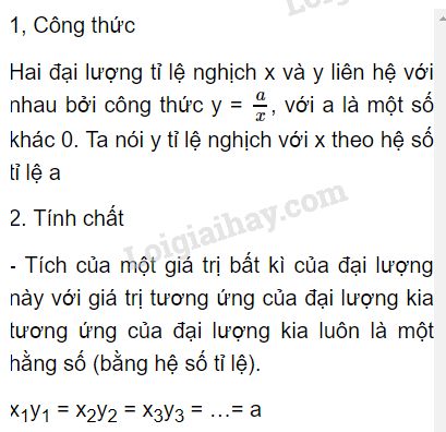 Công thức tỉ lệ nghịch lớp 7