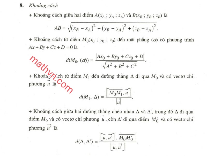 Công thức tính khoảng cách lớp 12