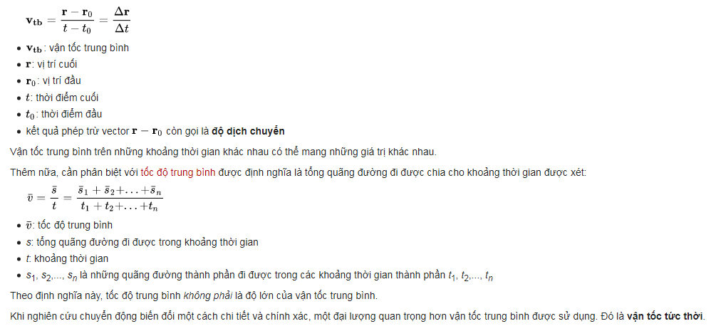Công thức vận tốc tức thời