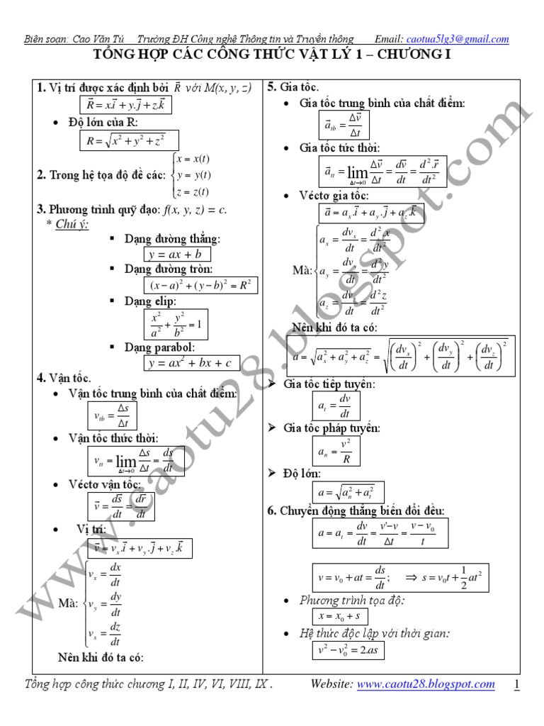 Công Thức Vật Lý Đại Cương 1