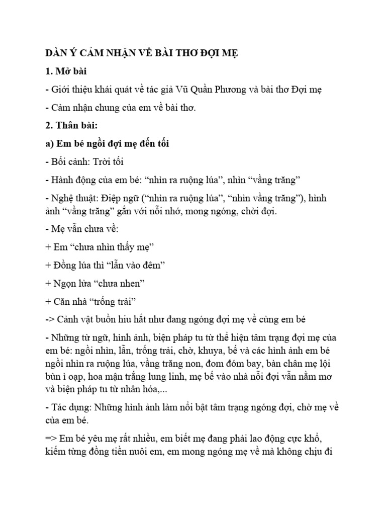 Dàn ý bài thơ Đợi Mẹ