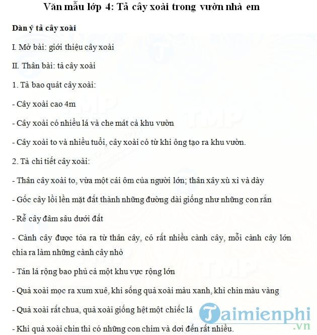 Dàn ý tả cây xoài lớp 5