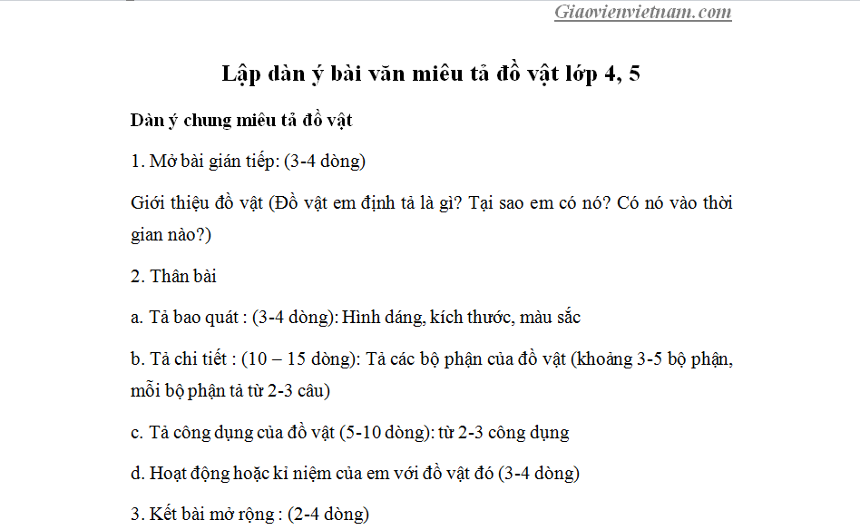 Dàn ý tả đồ vật chi tiết và đầy đủ