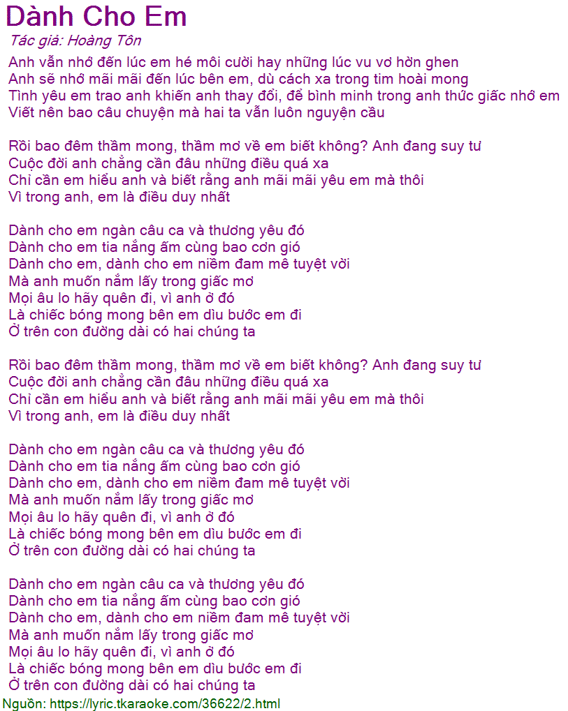 Dành Cho Em Lyric