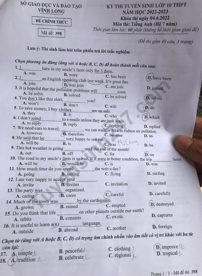 Đáp án đề thi tuyển sinh lớp 10 môn Anh năm [Năm]