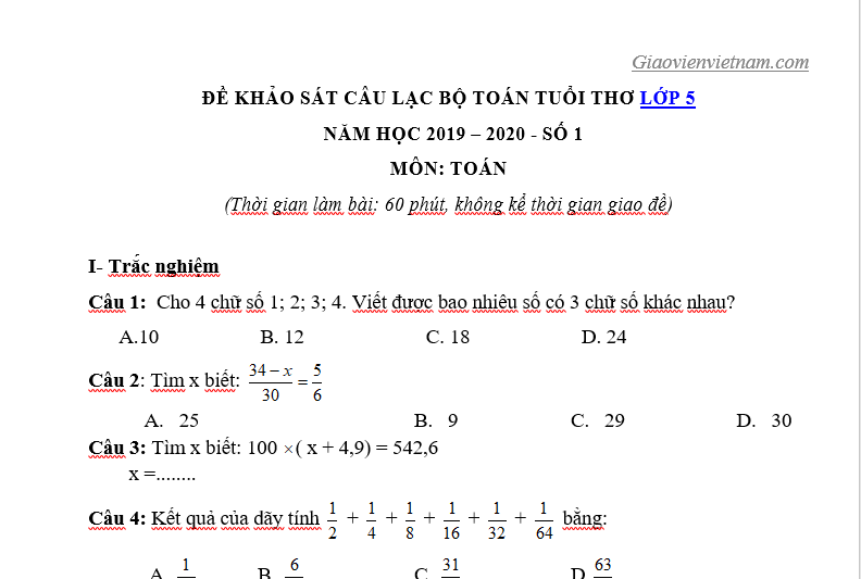 Giao lưu Toán tuổi thơ lớp 5