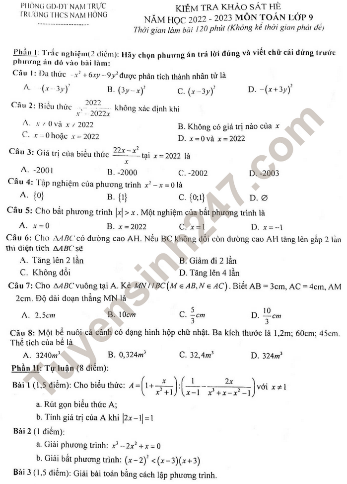 Đề Khảo Sát Chất Lượng Toán 9